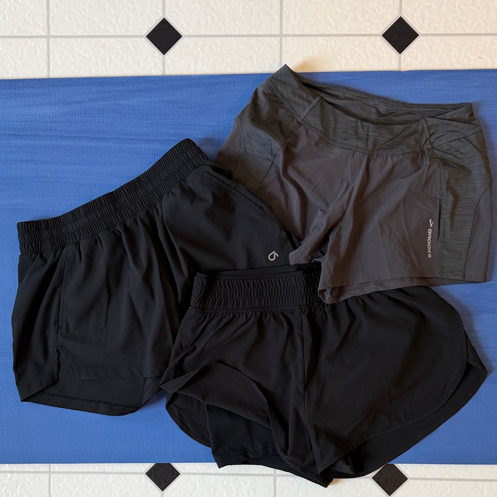 Brooks & Gap Fit Women's Black and Gray Athletic Shorts Trio